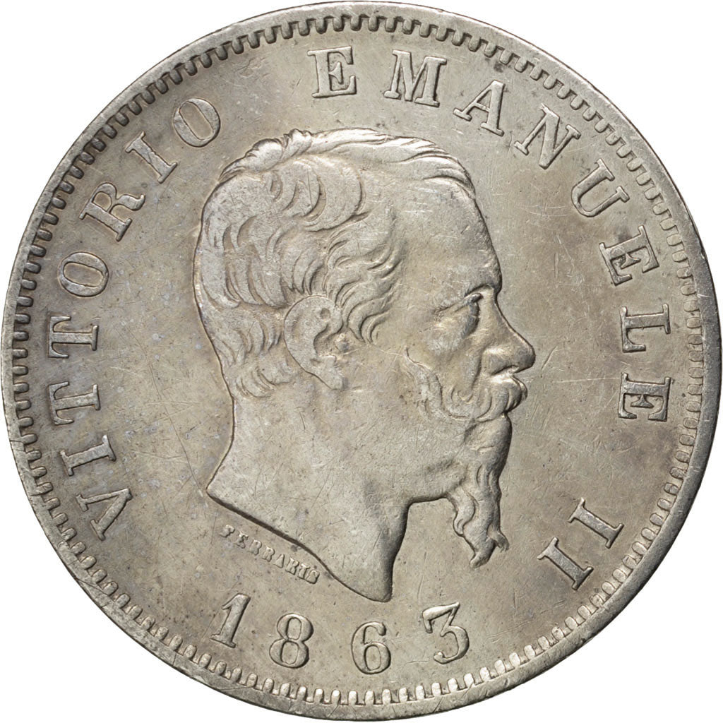 ITALY, Lira, 1863, Milan, KM #5a.1, EF(40-45), Silver, 23.1, 4.92
