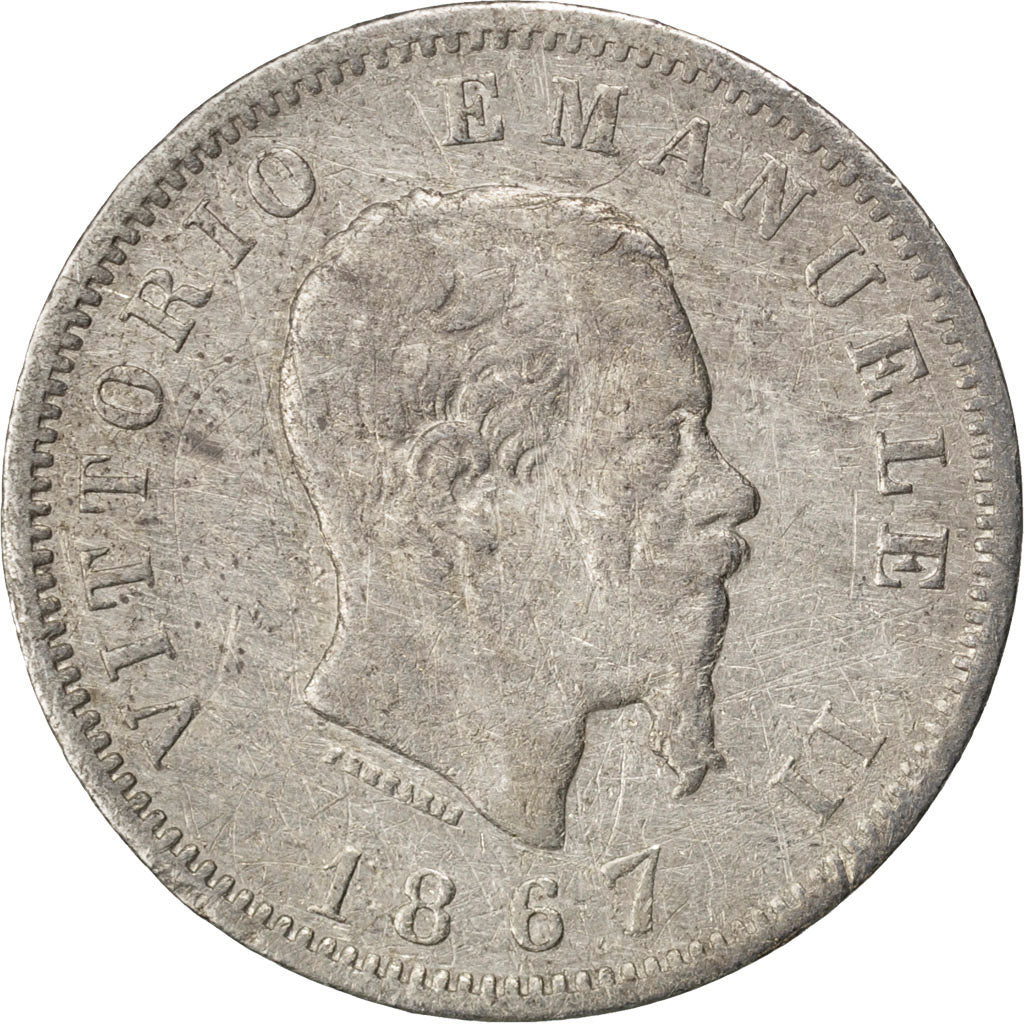 ITALY, Lira, 1867, Milan, KM #5a.1, VF(20-25), Silver, 23.1, 4.73
