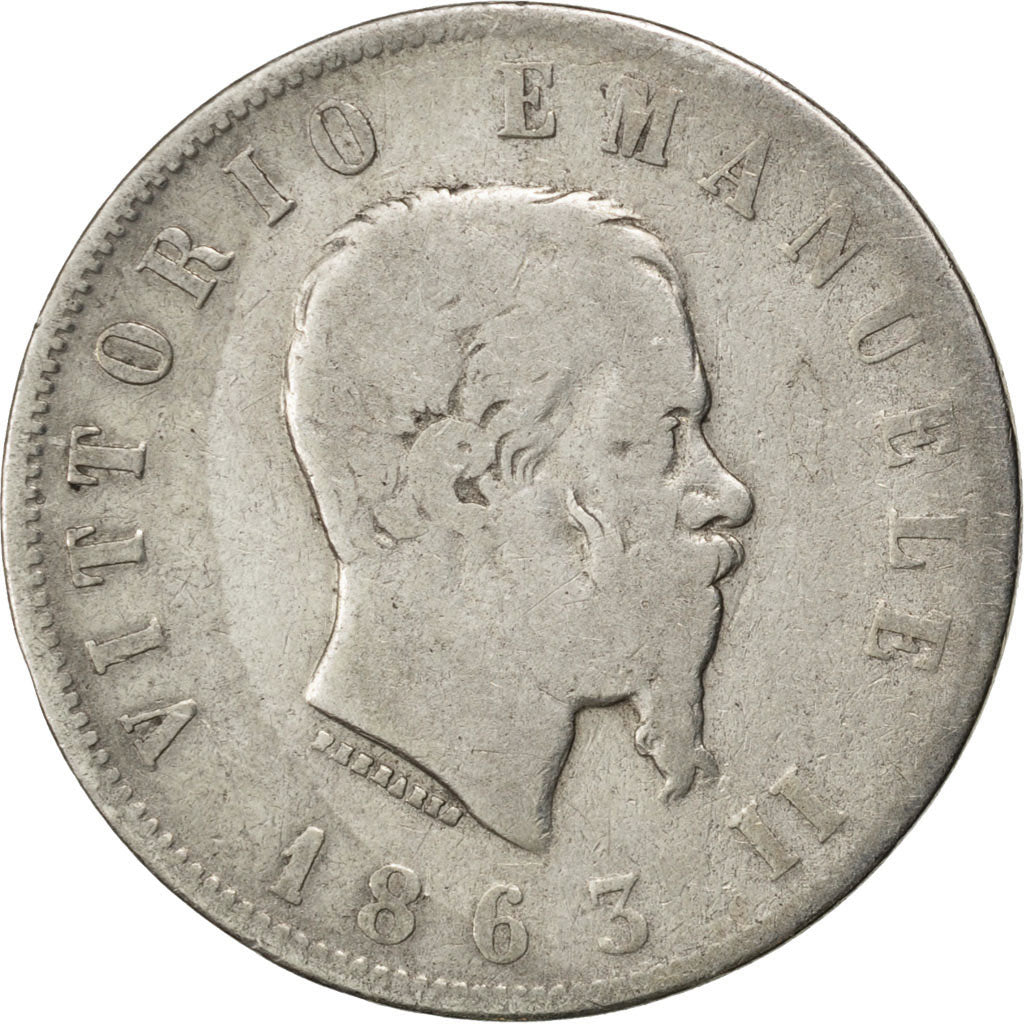 ITALY, 2 Lire, 1863, Naples, KM #16.1, F(12-15), Silver, 9.55