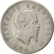ITALY, 2 Lire, 1863, Naples, KM #16.1, F(12-15), Silver, 9.55