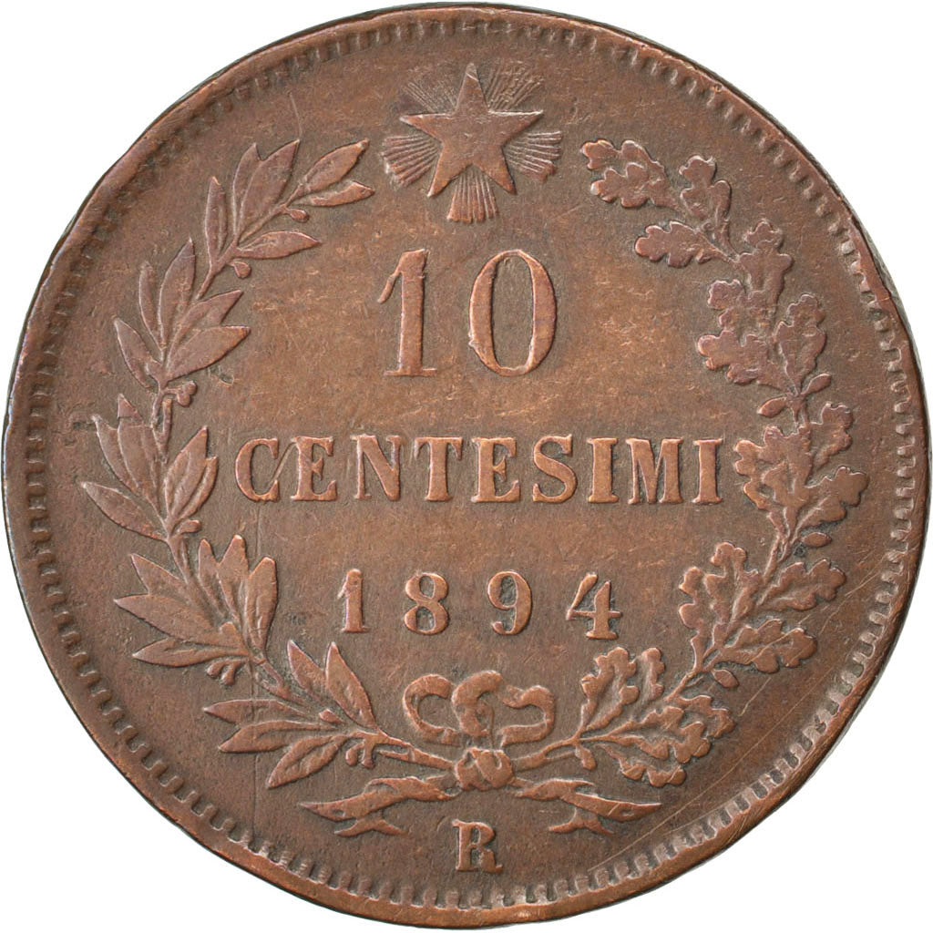 ITALY, 10 Centesimi, 1894, Rome, KM #27.2, VF(30-35), Copper, 9.56