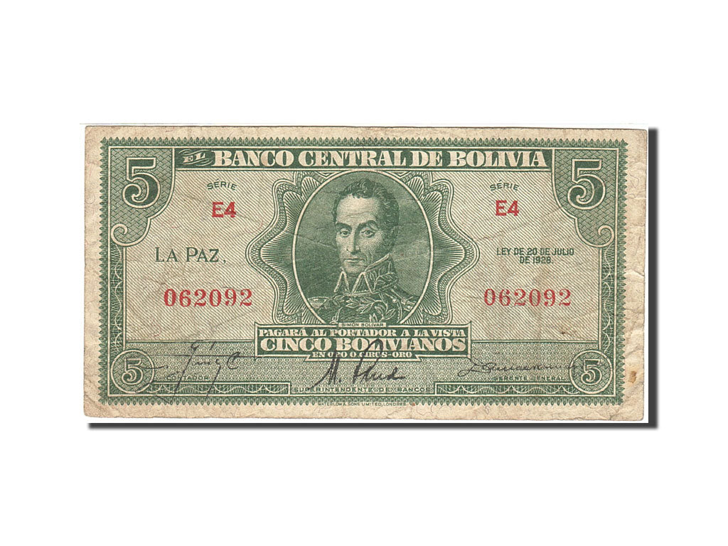 Bolivia, 5 Bolivianos, 1928, 1928, KM:129, VF(20-25)