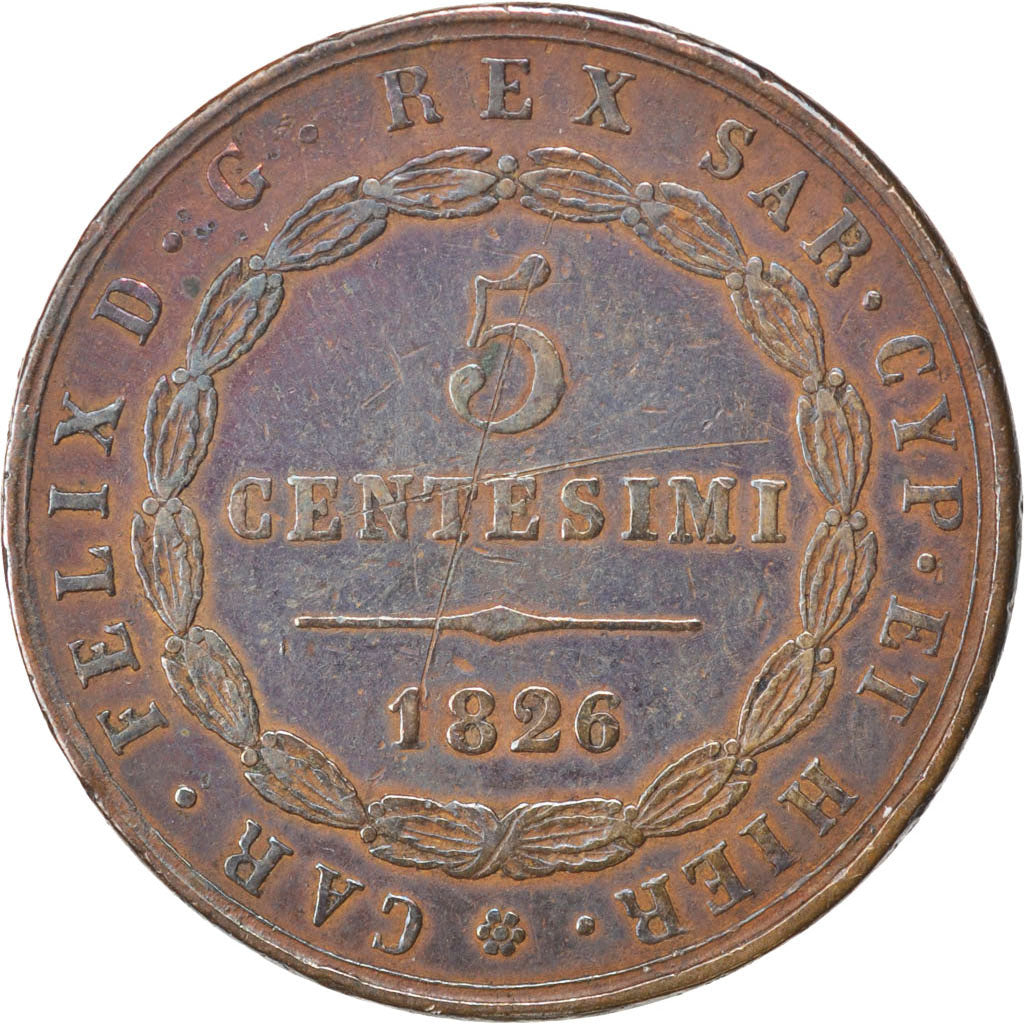 Italie, Sardaigne, Charles Félix, 5 Centesimi 1826 Turin, KM 127.1