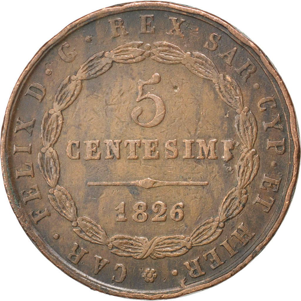 ITALIAN STATES, 5 Centesimi, 1826, Torino, KM #127.1, EF(40-45), Copper, 28,...