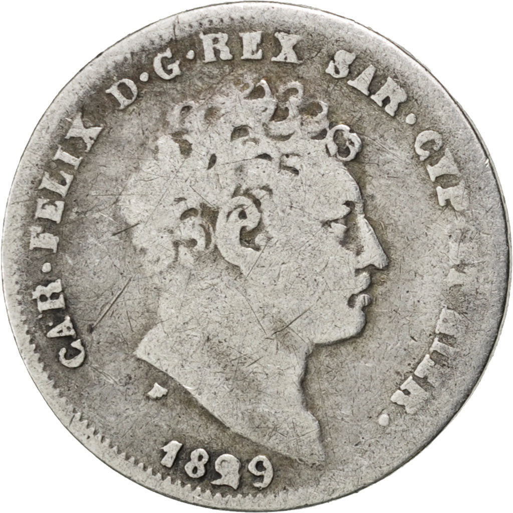 ITALIAN STATES, 25 Centesimi, 1829, Genoa, KM #128.2, VF(20-25), Silver, 15,...