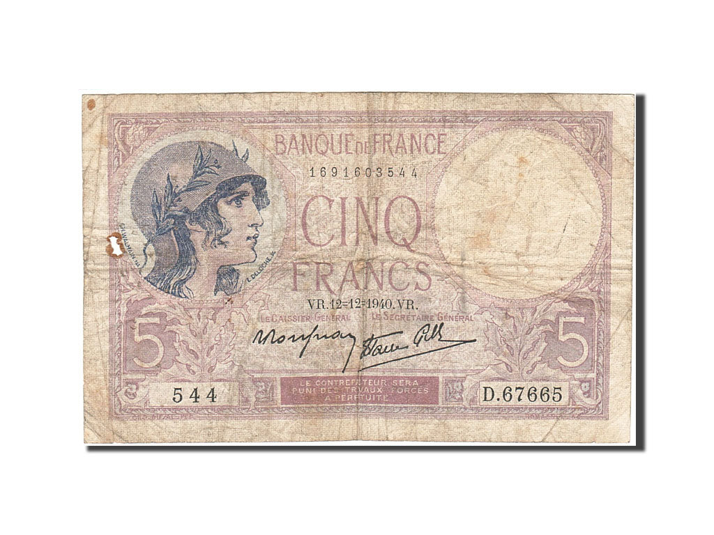 Biljet, Frankrijk, 5 Francs, 1937-1939, 1940-12-12, B+, Fayette:4.17, KM:83