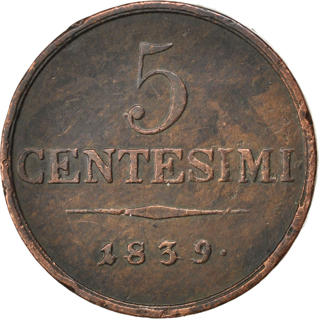 ITALIAN STATES, 5 Centesimi, 1839, Milan, KM #14.1, AU(50-53), Copper, 8.51