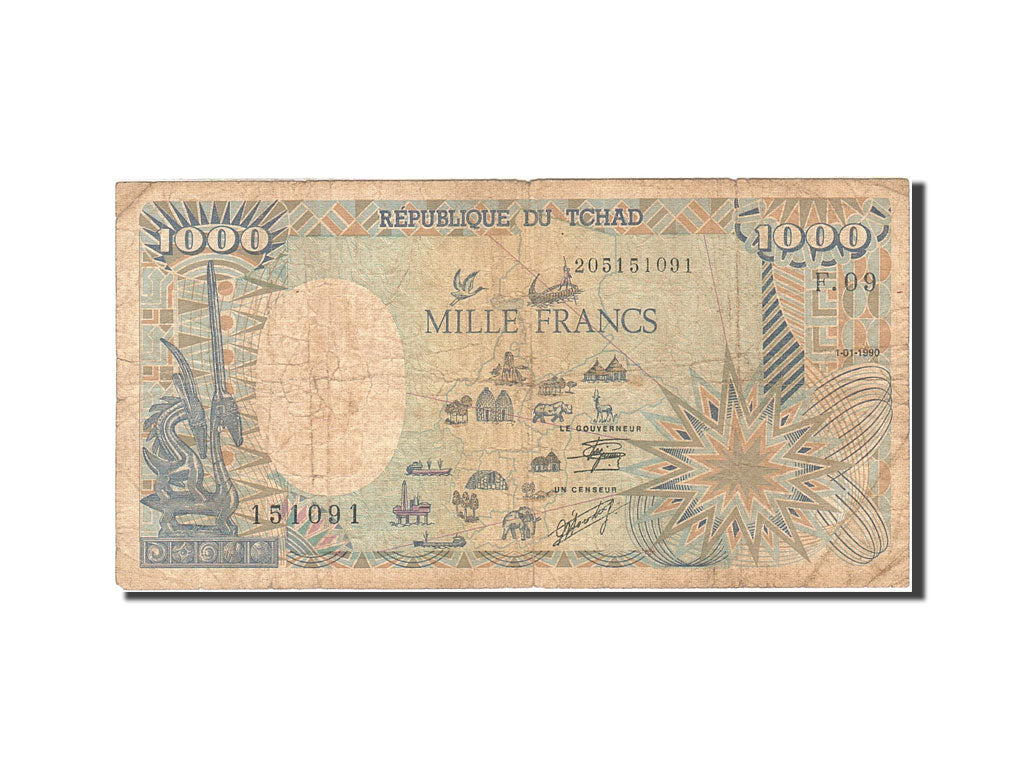Chad, 1000 Francs, 1984-1985, KM:10Aa, 1990-01-01, F(12-15)
