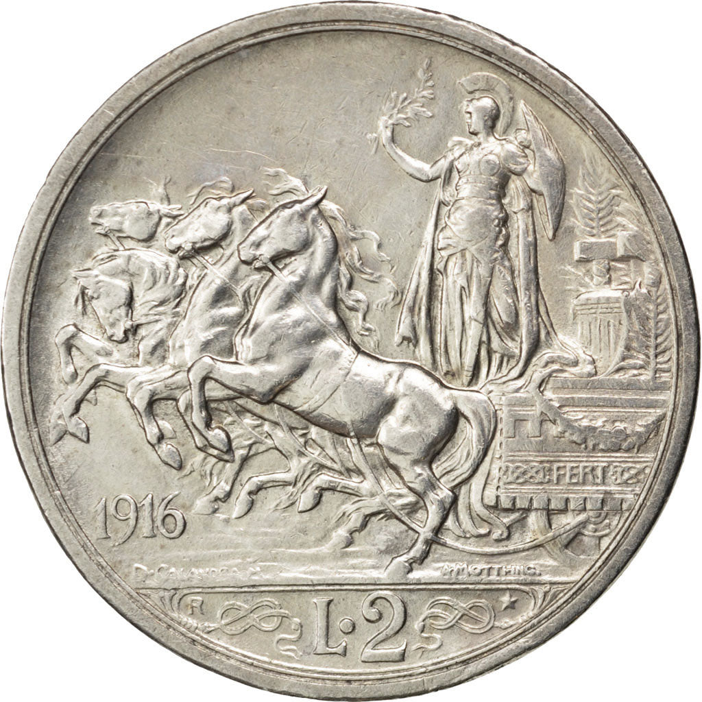 ITALY, 2 Lire, 1916, Rome, KM #55, AU(50-53), Silver, 27, 9.98