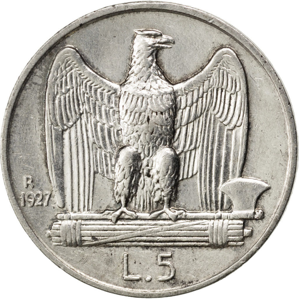 ITALY, 5 Lire, 1927, Rome, KM #67.1, AU(55-58), Silver, 23, 4.96