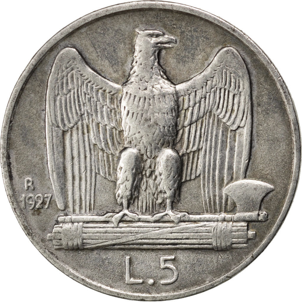 ITALY, 5 Lire, 1927, Rome, KM #67.1, EF(40-45), Silver, 23, 4.91