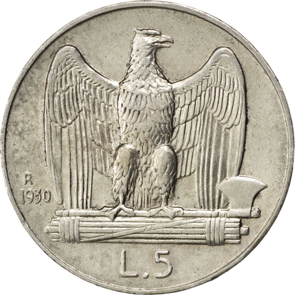 ITALY, 5 Lire, 1930, Rome, KM #67.1, AU(55-58), Silver, 23, 4.99