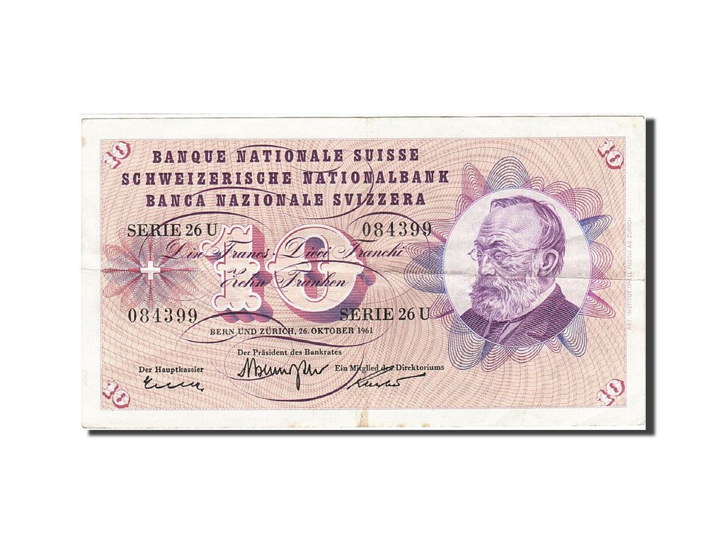 Banconote, Svizzera, 10 Franken, 1954-1961, KM:45g, 1961-10-26, MB+