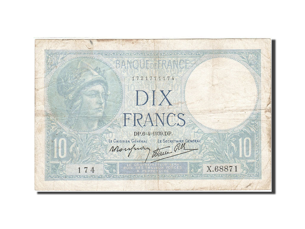 Banconote, Francia, 10 Francs, 1915, 1939-04-06, MB+, Fayette:7.2, KM:84