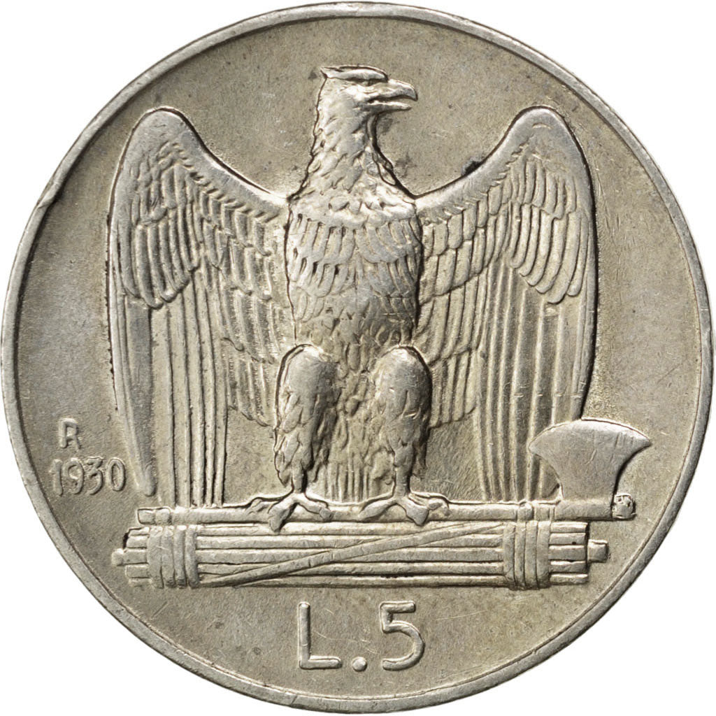 ITALY, 5 Lire, 1930, Rome, KM #67.1, AU(50-53), Silver, 23, 4.98