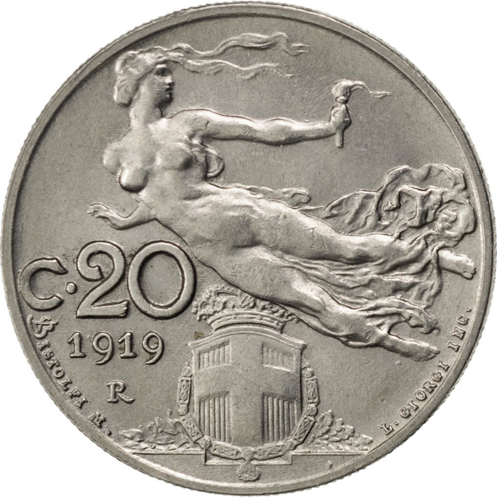 ITALY, 20 Centesimi, 1919, Rome, KM #44, AU(55-58), Nickel, 21.5, 4.00