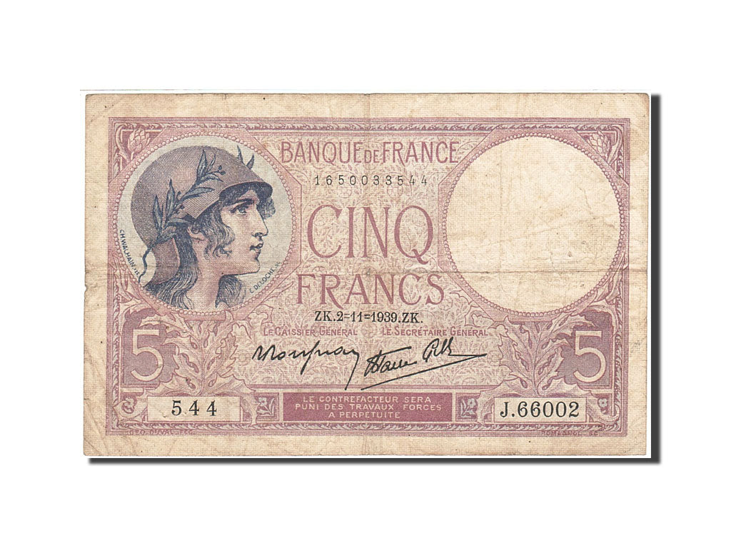 Banknote, France, 5 Francs, 1917, 1939-11-02, VF(20-25), Fayette:4.14, KM:83