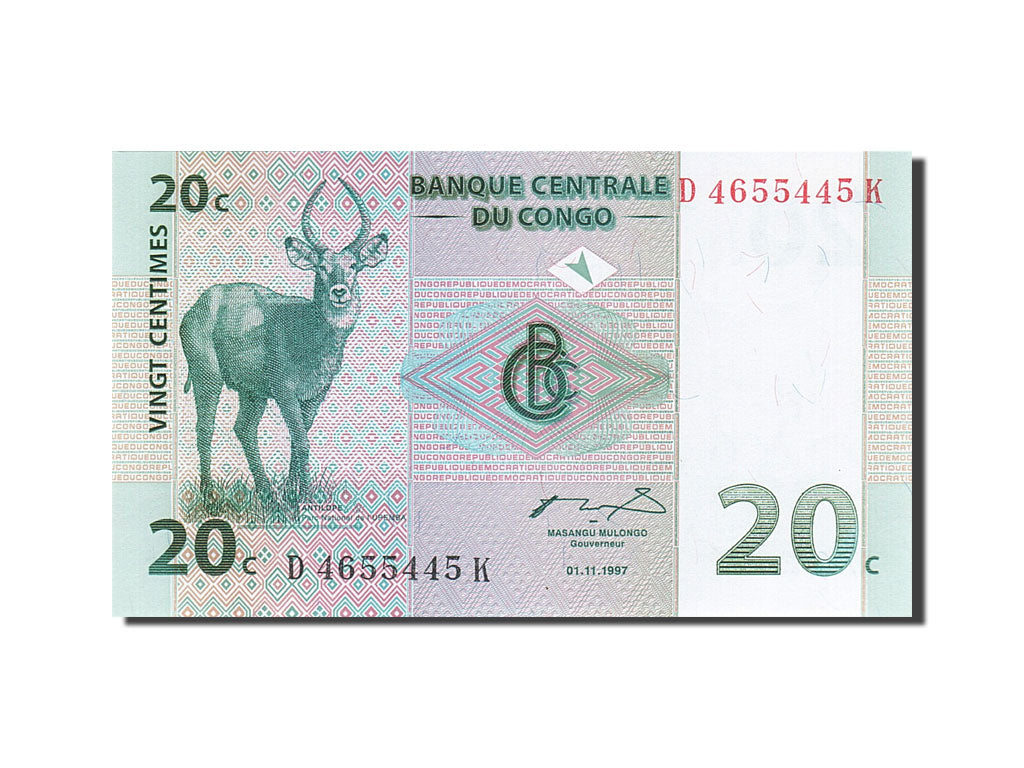 Banknote, Congo Democratic Republic, 20 Centimes, 1997, 1997-11-01, KM:83a
