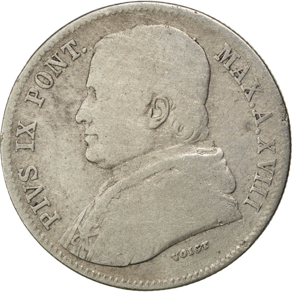 ITALIAN STATES, 20 Baiocchi, 1863, Roma, KM #1360, F(12-15), Silver, 5.56