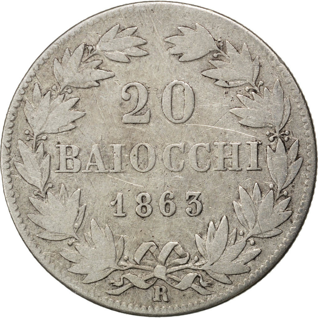 ITALIAN STATES, 20 Baiocchi, 1863, Roma, KM #1360, F(12-15), Silver, 5.56