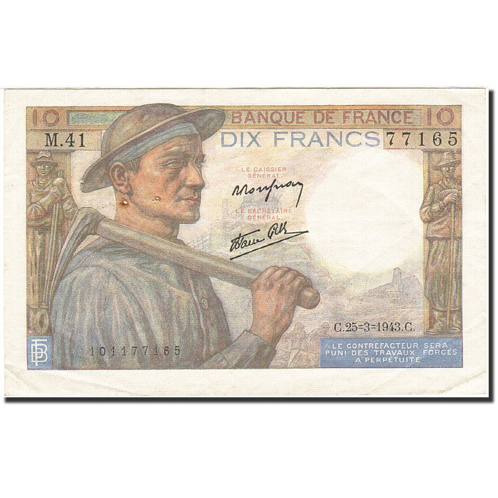 France, 10 Francs, 1941, KM:99e, 1943-03-25, AU(50-53), Fayette:8.8