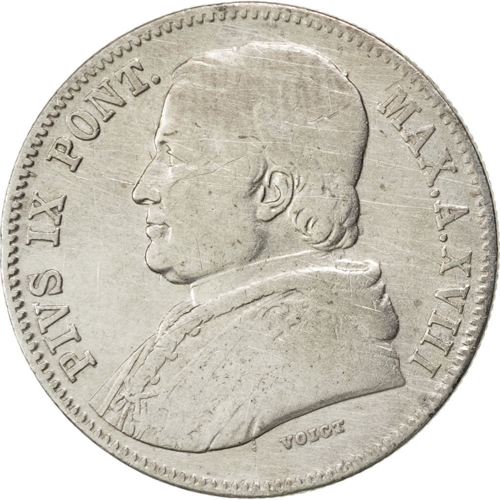 ITALIAN STATES, 20 Baiocchi, 1863, Roma, KM #1360, VF(20-25), Silver, 5.56