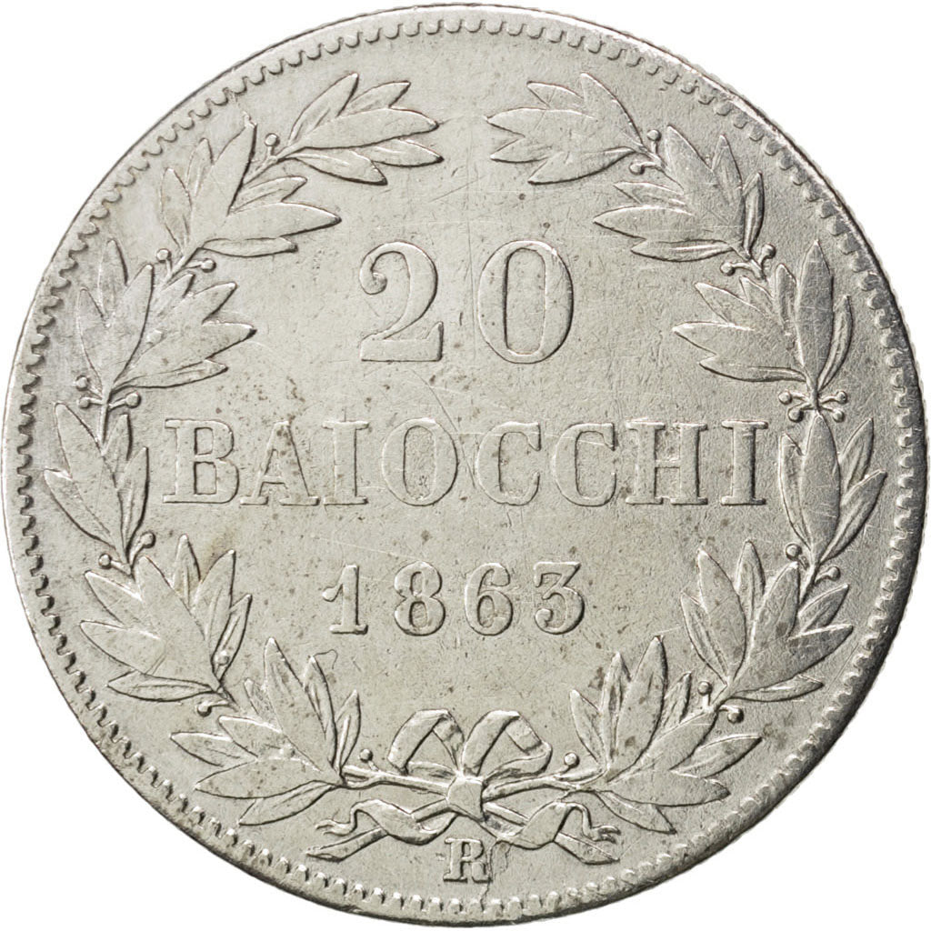 ITALIAN STATES, 20 Baiocchi, 1863, Roma, KM #1360, VF(20-25), Silver, 5.56