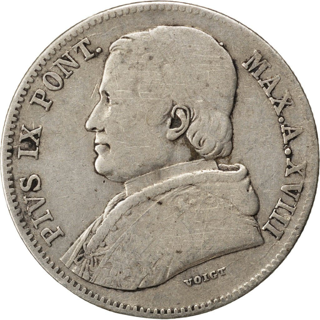 ITALIAN STATES, 20 Baiocchi, 1864, Roma, KM #1360, VF(20-25), Silver, 5.64