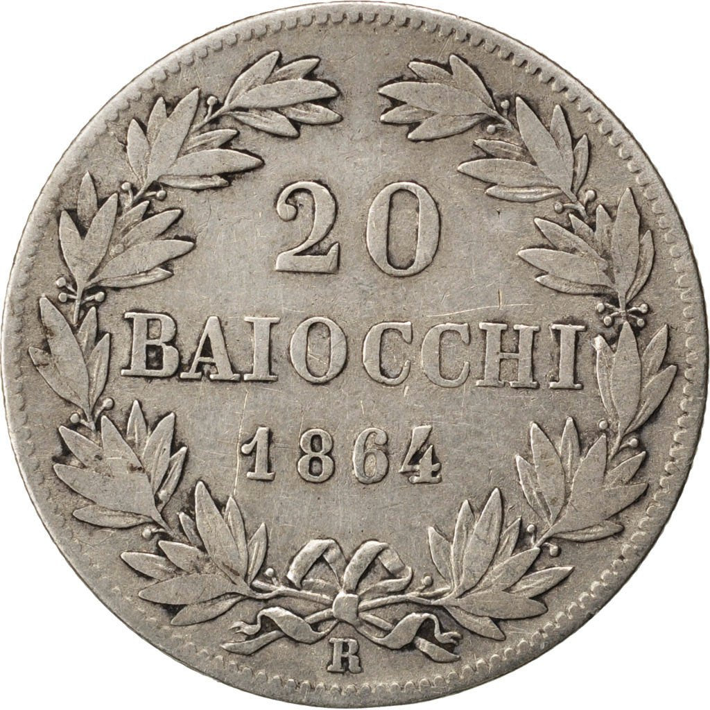 ITALIAN STATES, 20 Baiocchi, 1864, Roma, KM #1360, VF(20-25), Silver, 5.64