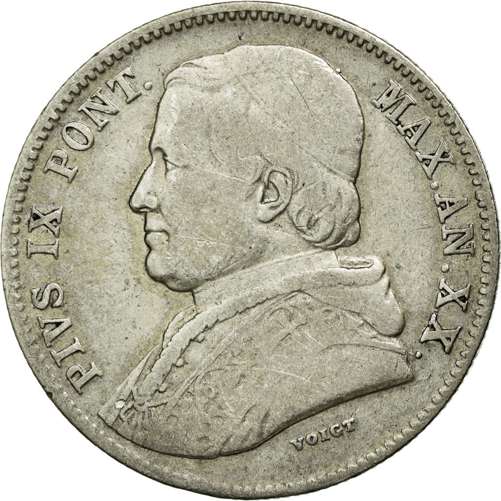 Moneta, STATI ITALIANI, PAPAL STATES, Pius IX, 20 Baiocchi, 1865, Roma, MB
