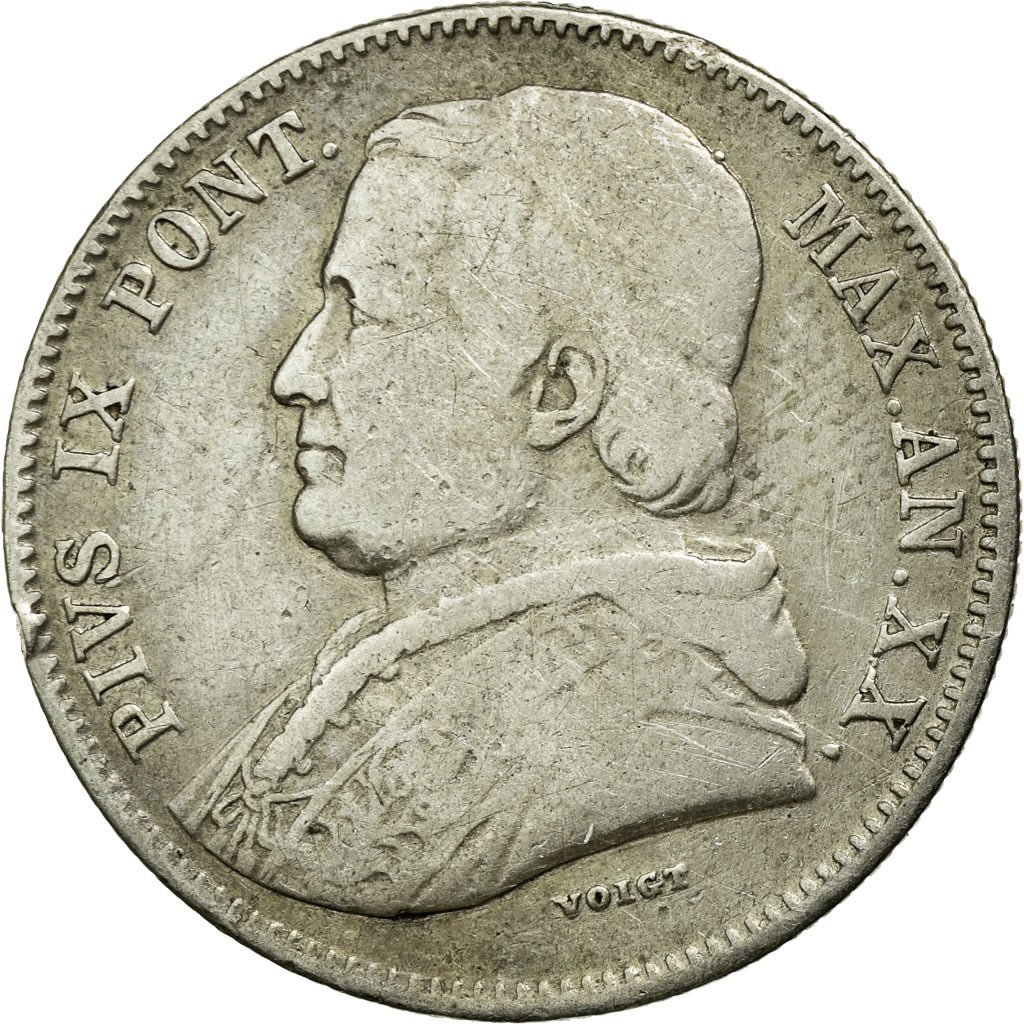Coin, ITALIAN STATES, PAPAL STATES, Pius IX, 20 Baiocchi, 1865, Roma, VF(20-25)