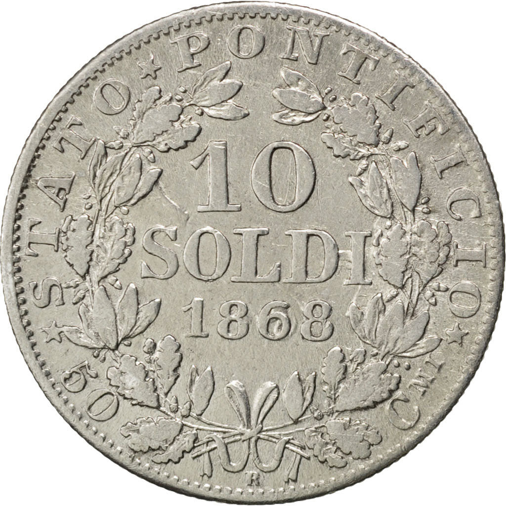 ITALIAN STATES, 10 Soldi, 50 Centesimi, 1868, Roma, KM #1376, EF(40-45),...