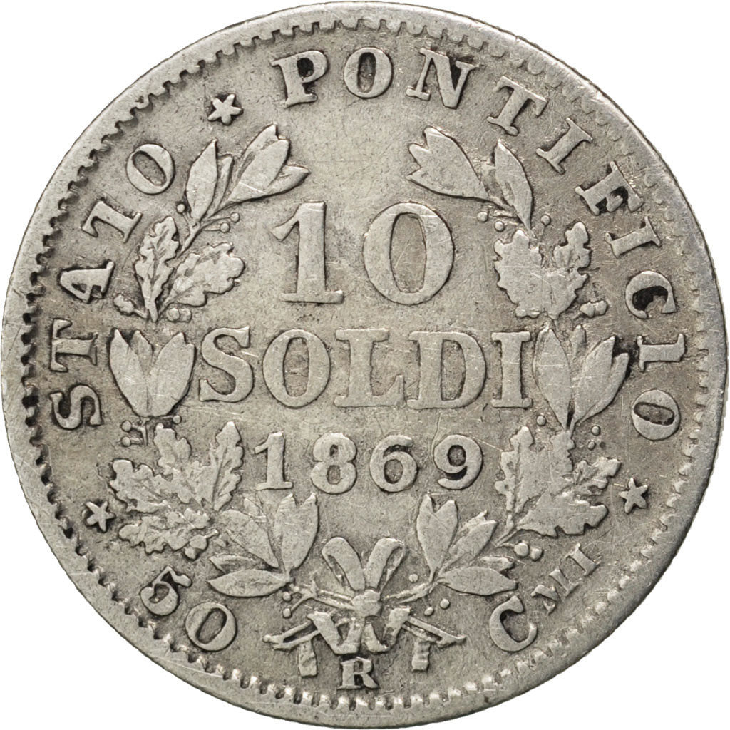 ITALIAN STATES, 10 Soldi, 50 Centesimi, 1869, Roma, KM #1386.1, VF(20-25),...