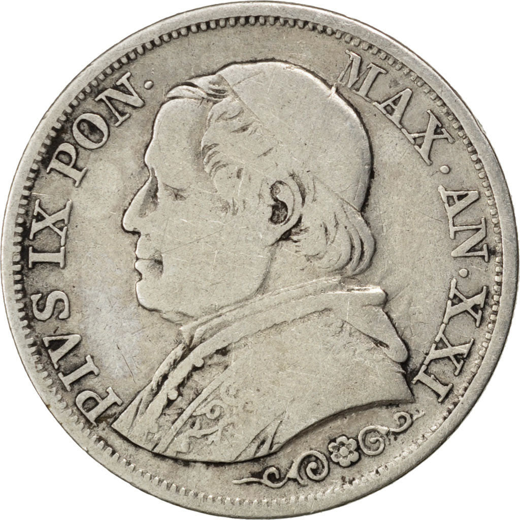 ITALIAN STATES, Lira, 1866, Roma, KM #1378, VF(20-25), Silver, 4.82