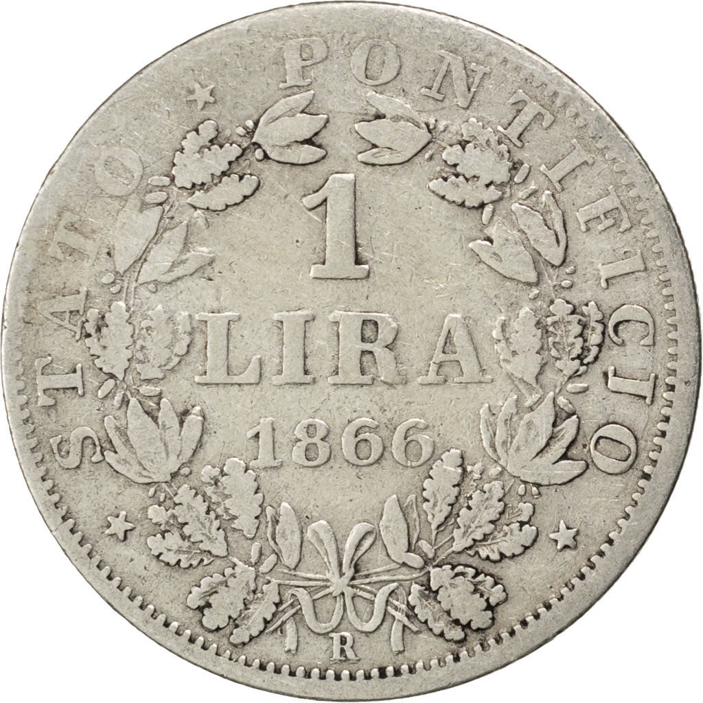 ITALIAN STATES, Lira, 1866, Roma, KM #1378, VF(20-25), Silver, 4.82