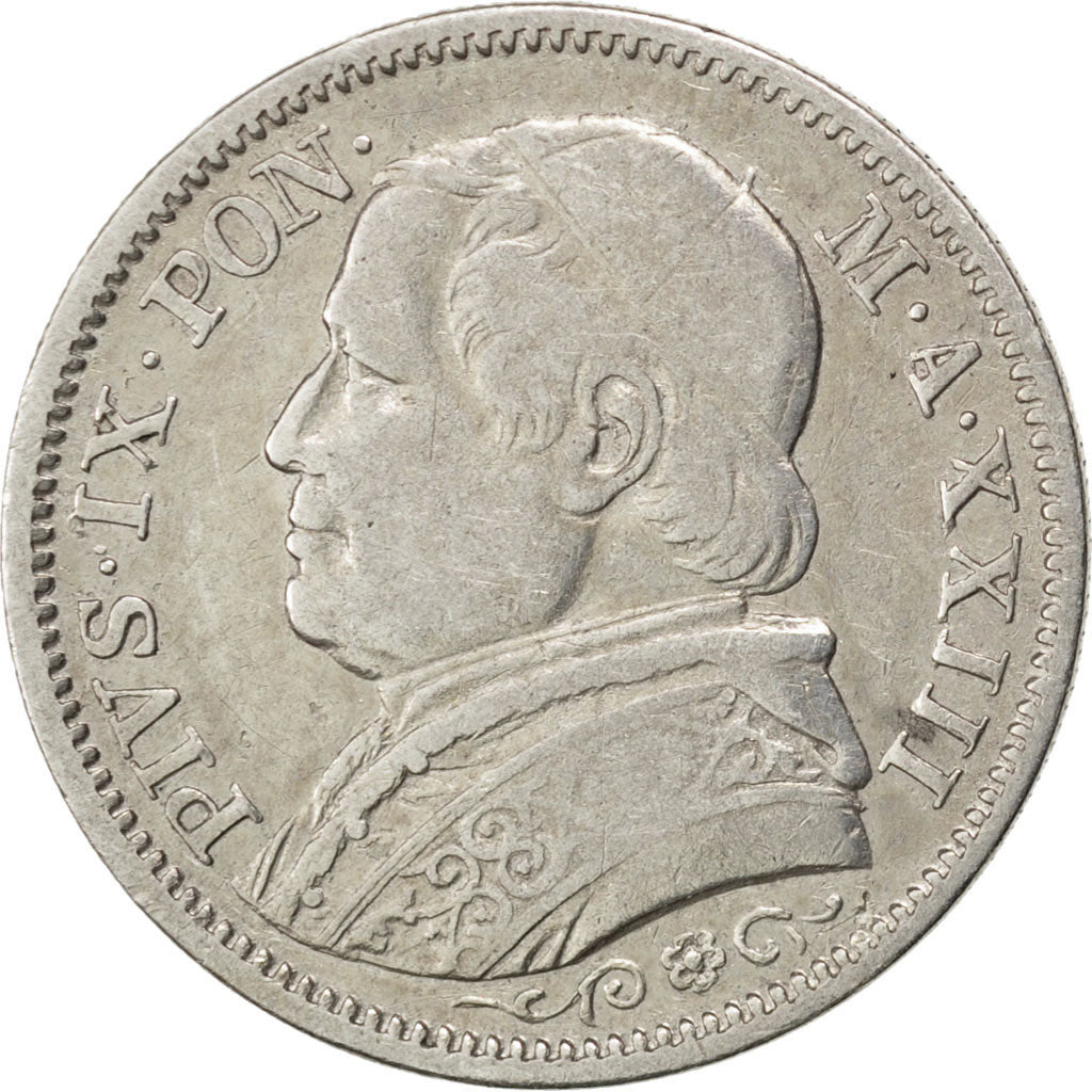ITALIAN STATES, Lira, 1868, Roma, KM #1387, EF(40-45), Silver, 4.86