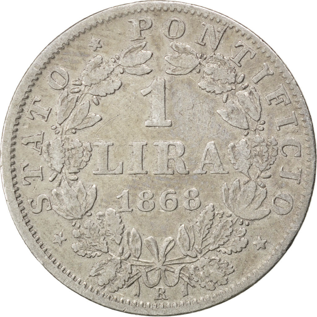 ITALIAN STATES, Lira, 1868, Roma, KM #1387, EF(40-45), Silver, 4.86