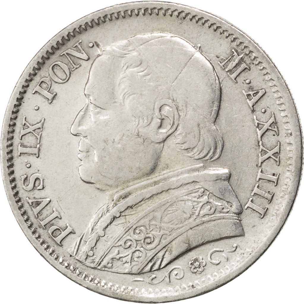ITALIAN STATES, Lira, 1868, Roma, KM #1387, EF(40-45), Silver, 4.94