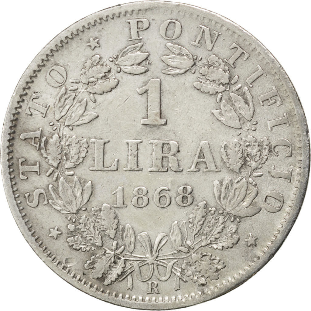 ITALIAN STATES, Lira, 1868, Roma, KM #1387, EF(40-45), Silver, 4.94