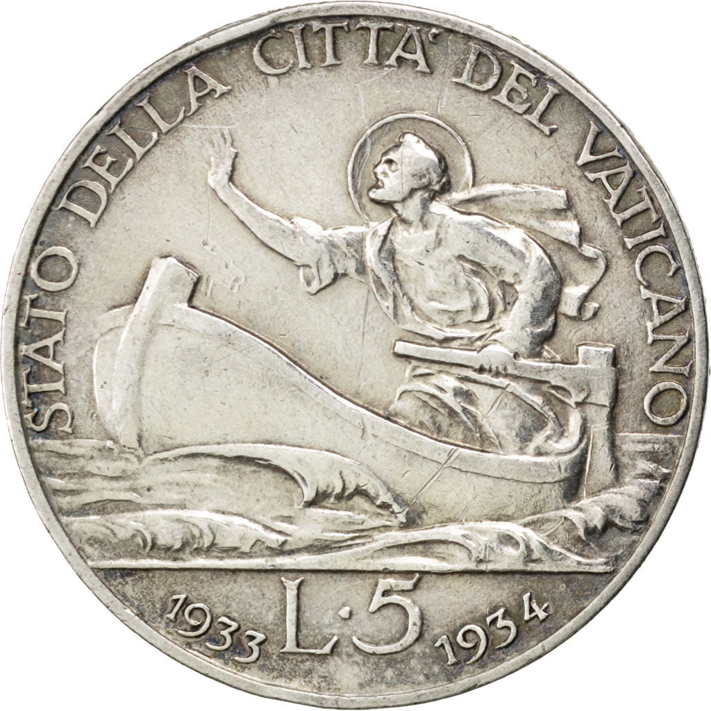 VATICAN CITY, 5 Lire, 1933, KM #17, EF(40-45), Silver, 23, 4.98