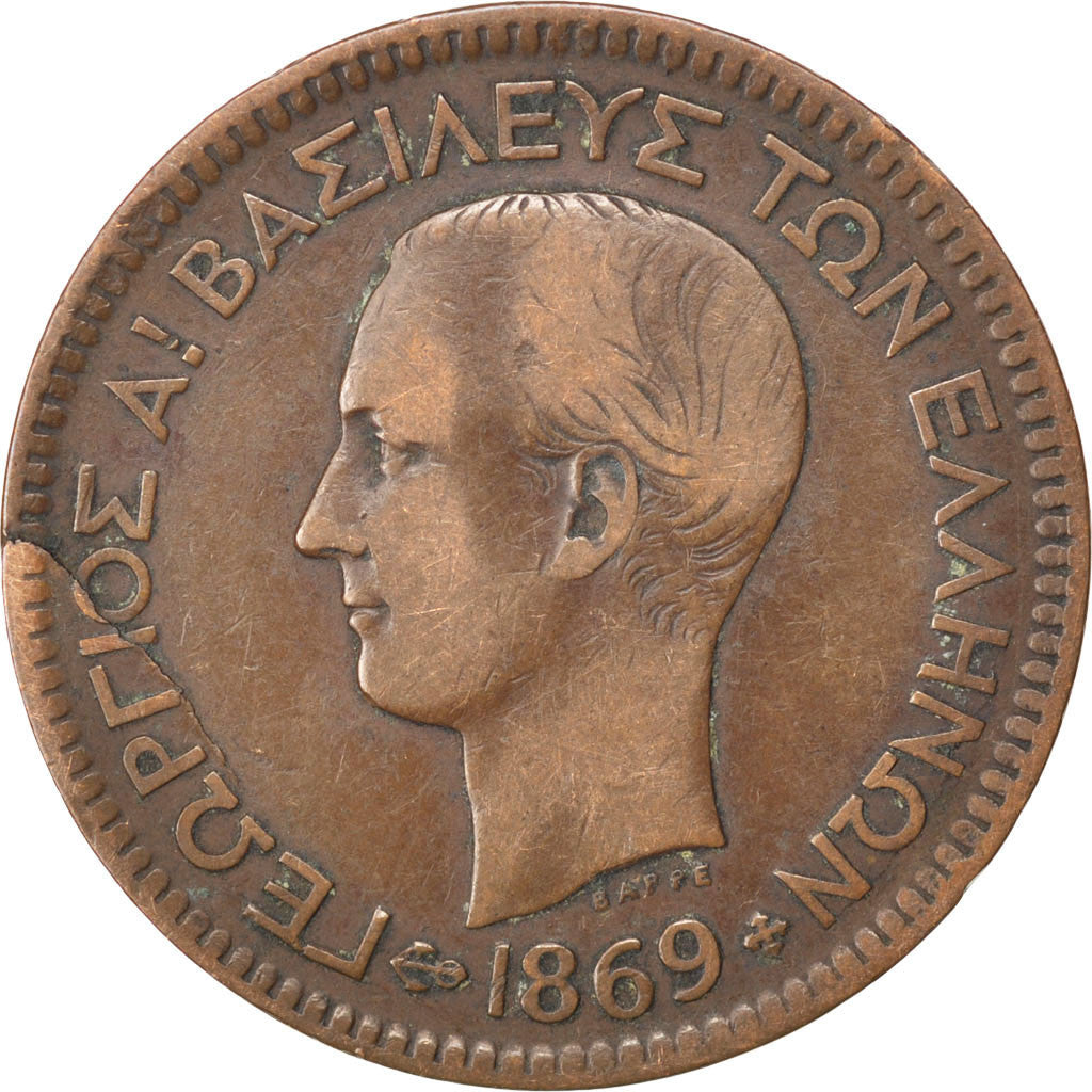 GREECE, 10 Lepta, 1869, Strassburg, KM #43, VF(30-35), Copper, 9.10