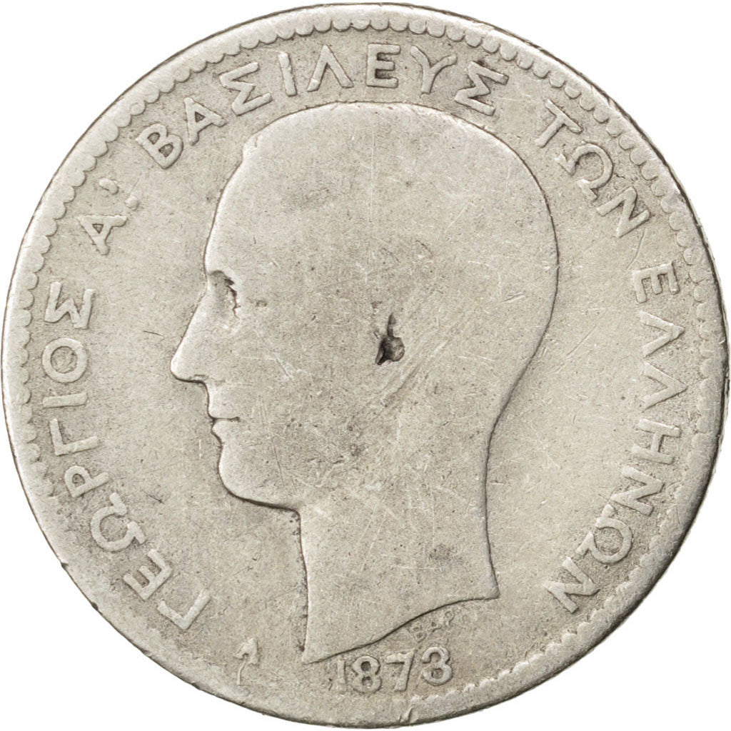 GREECE, Drachma, 1873, Paris, KM #38, VG(8-10), Silver, 4.66