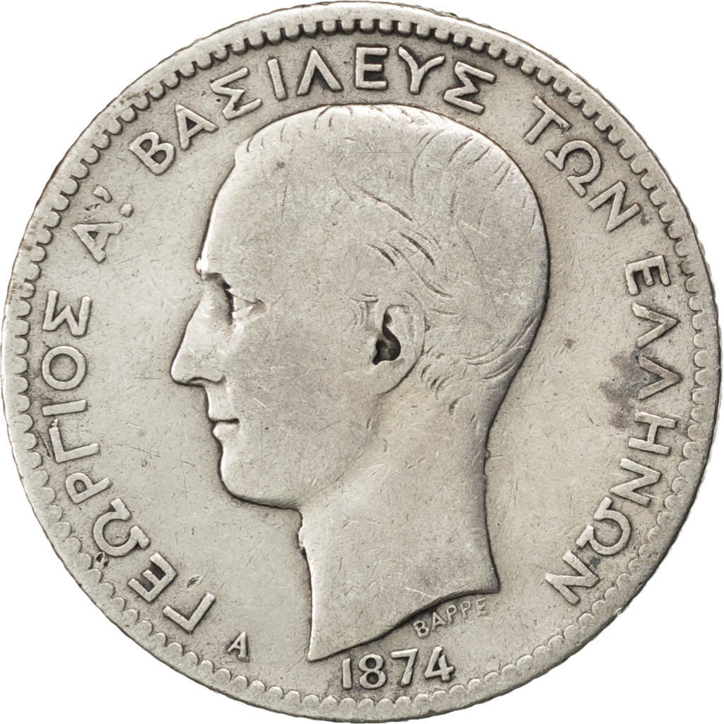 GREECE, Drachma, 1874, Paris, KM #38, VF(20-25), Silver, 4.75