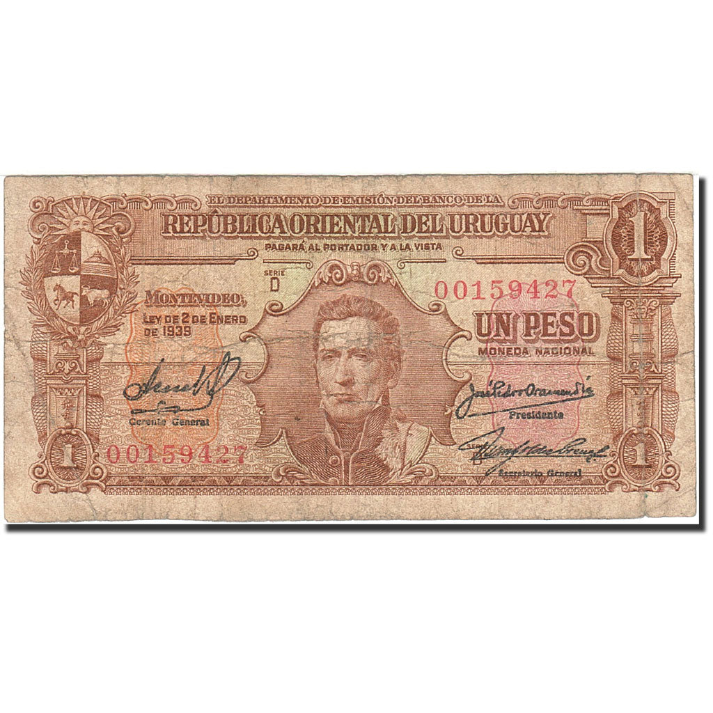 Banknote, Uruguay, 1 Peso, 1939-1966, Undated (1939), KM:35c, VF(20-25)