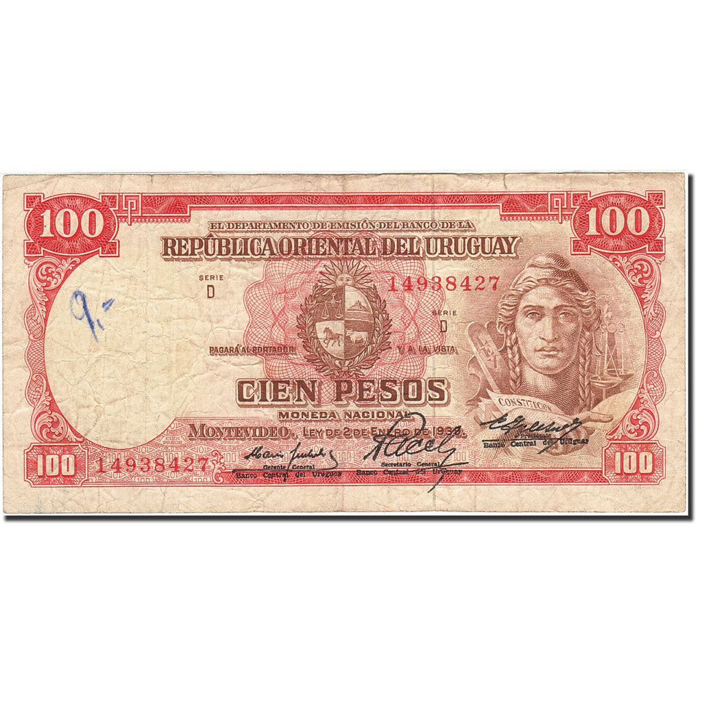 Uruguay, 100 Pesos, 1967, KM:43b, 1967, VF(20-25)