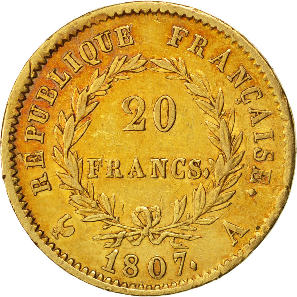 FRANCE, Napoléon I, 20 Francs, 1807, Paris, KM #A687.1, AU(50-53), Gold, Gadoury