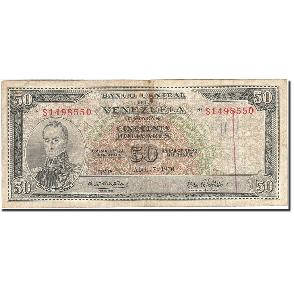 Venezuela, 50 Bolivares, 1963-1967, KM:47f, 1970-04-07, VG(8-10)