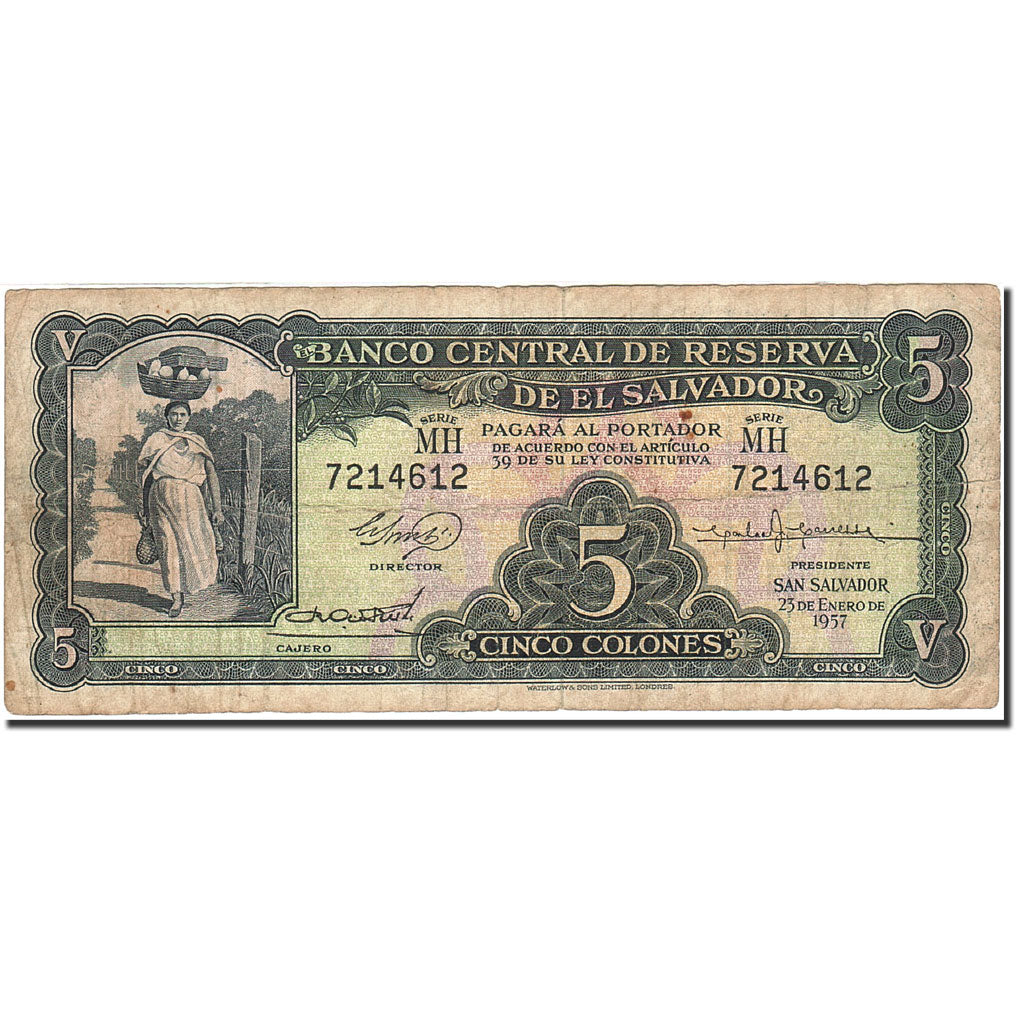 El Salvador, 5 Colones, 1955, 1957-01-23, KM:92b, MB