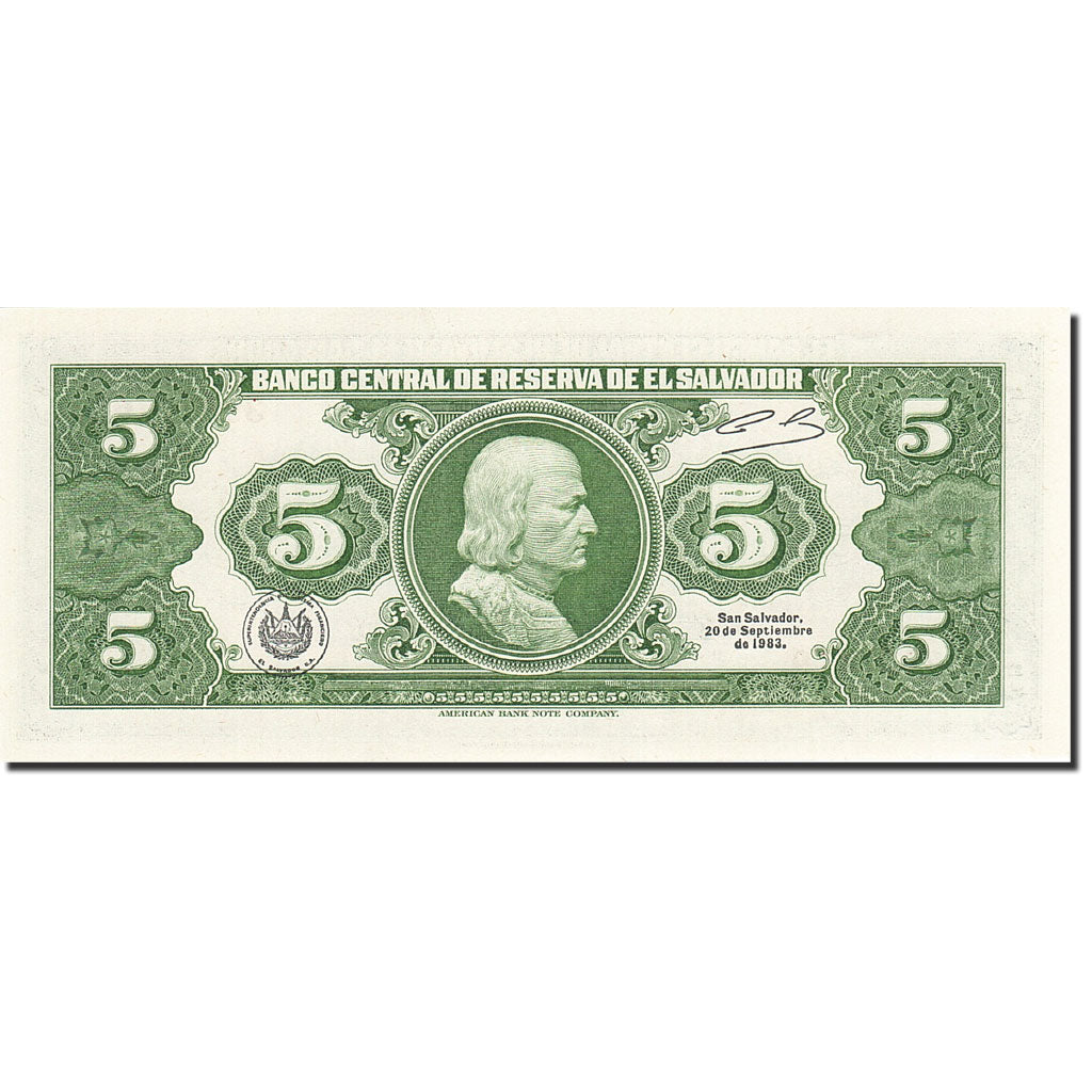 Banknote, El Salvador, 5 Colones, 1982-1983, 1983-08-25, KM:134a, UNC(65-70)