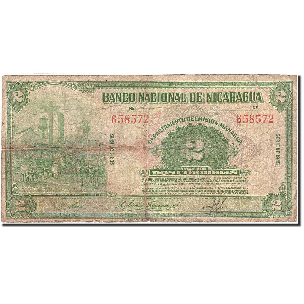 Nicaragua, 2 Cordobas, 1941-1945, 1945, KM:92b, VG(8-10)
